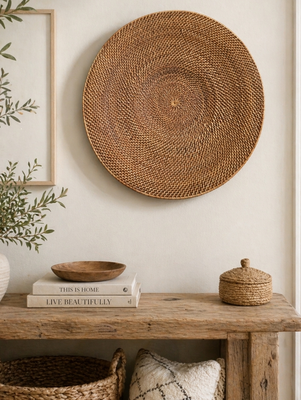 Large Handwoven Rattan Wall Basket 25” Boho Coastal Wall Decor